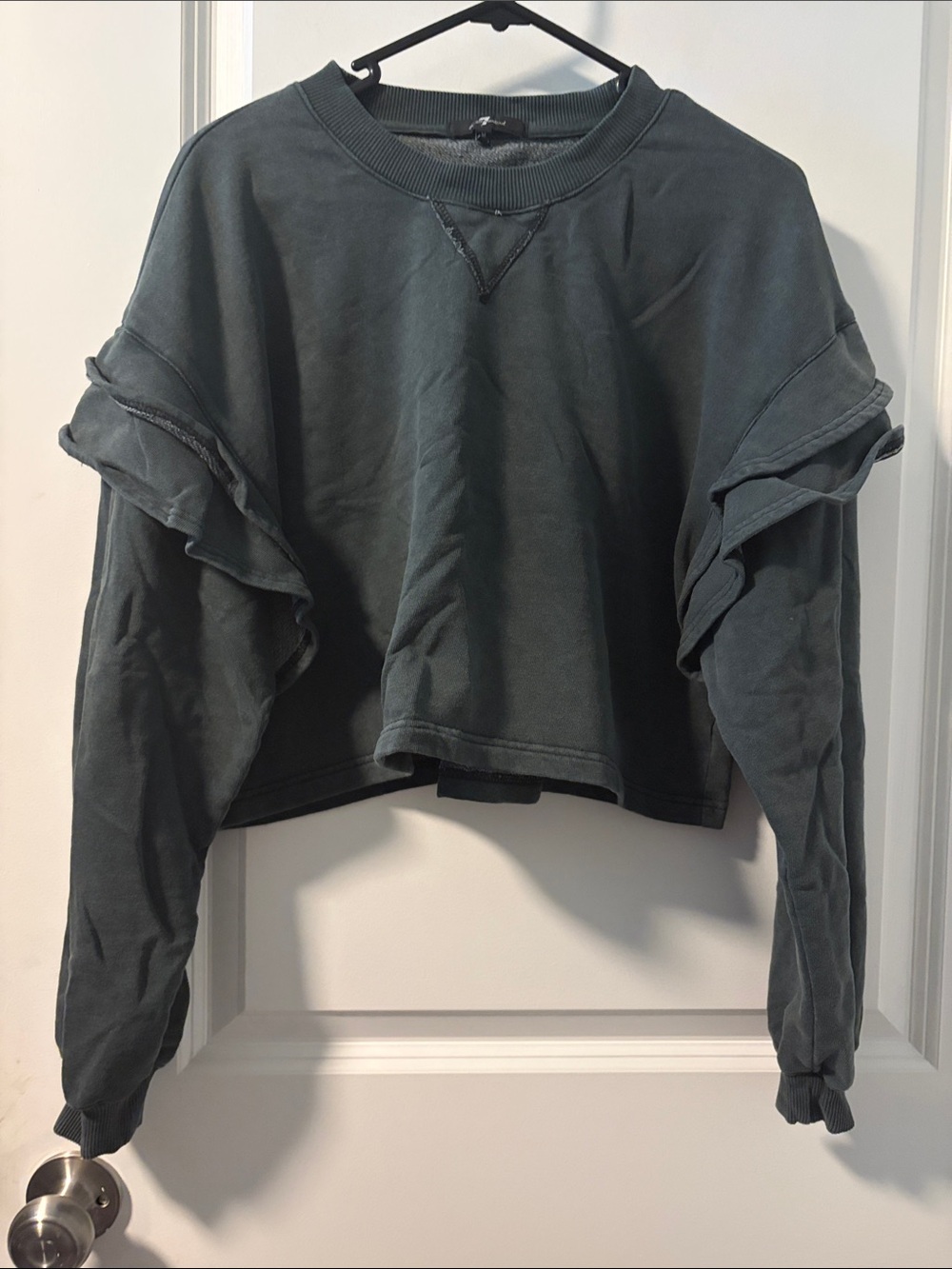7 For All Mankind Cropped Ruffle-Sleeve Sweatshirt in Teal Green